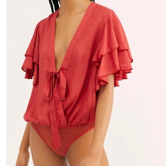 Free People Intimately Call me Later Red Bodysuit Ruffle Sleeve Deep Vneck Small - Picture 3 of 7